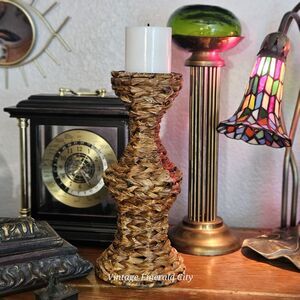 Vtg Woven braided Seagrass Pillar Hourglass-shaped Natural Brown Candle Holder